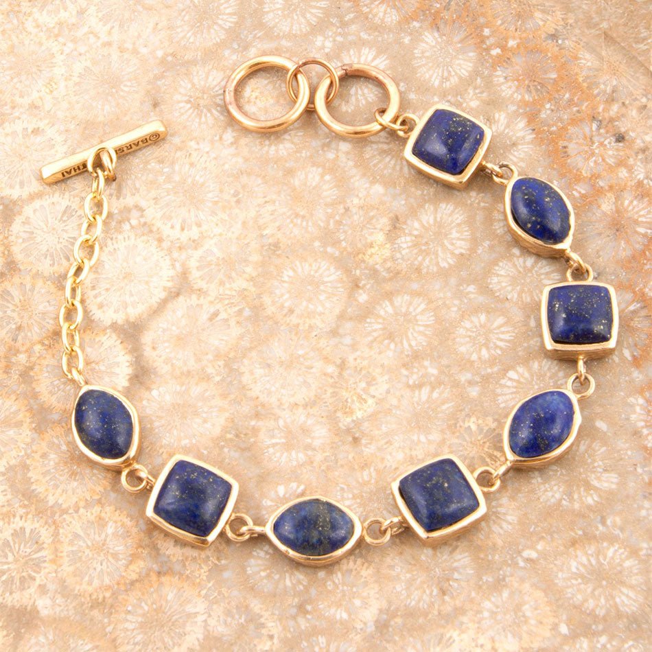 Handcrafted  Blue Lapis Hammered Link Golden Bracelet