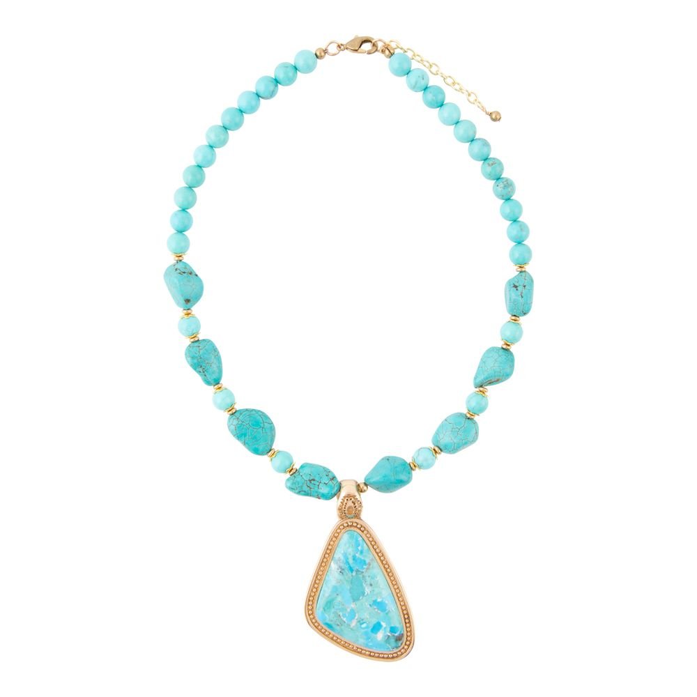 Handcrafted Blue Turquoise Triangle Golden Pendant Necklace