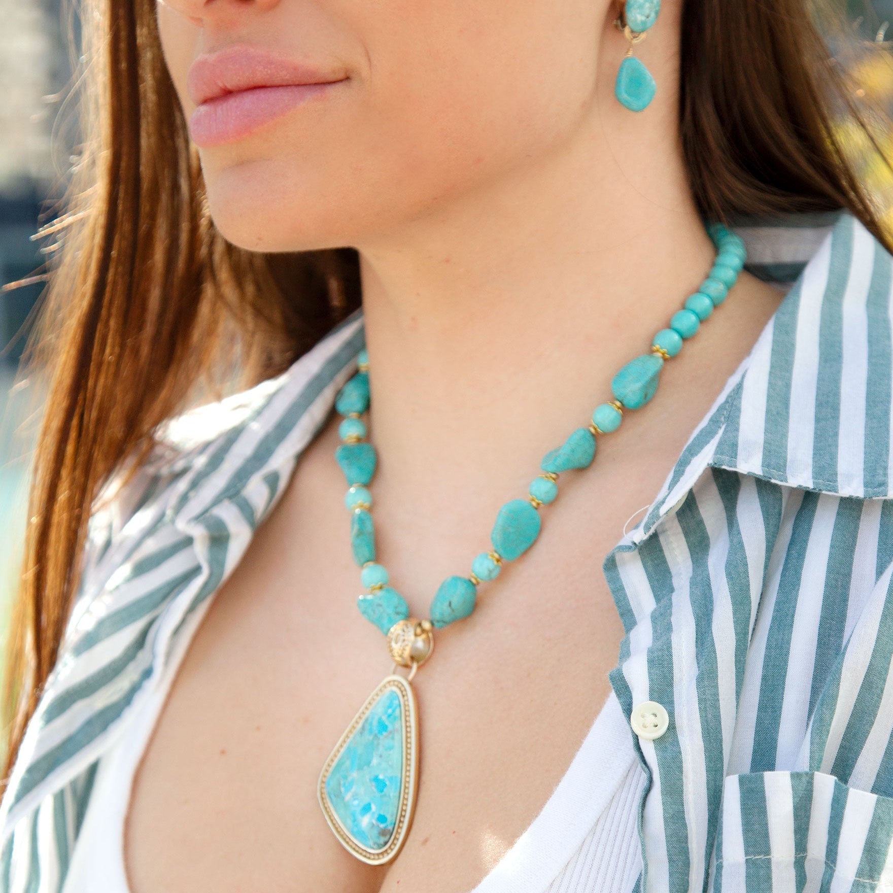 Handcrafted Blue Turquoise Triangle Golden Pendant Necklace