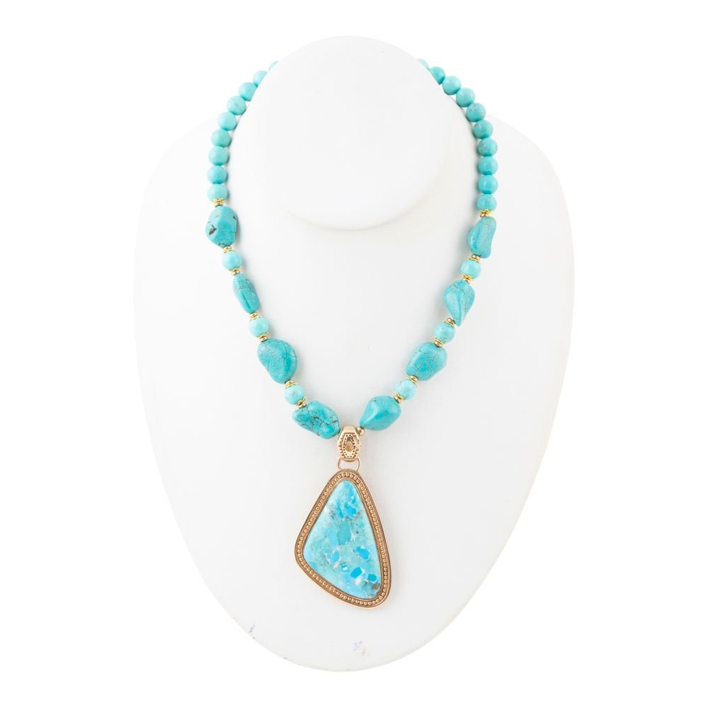 Handcrafted Blue Turquoise Triangle Golden Pendant Necklace