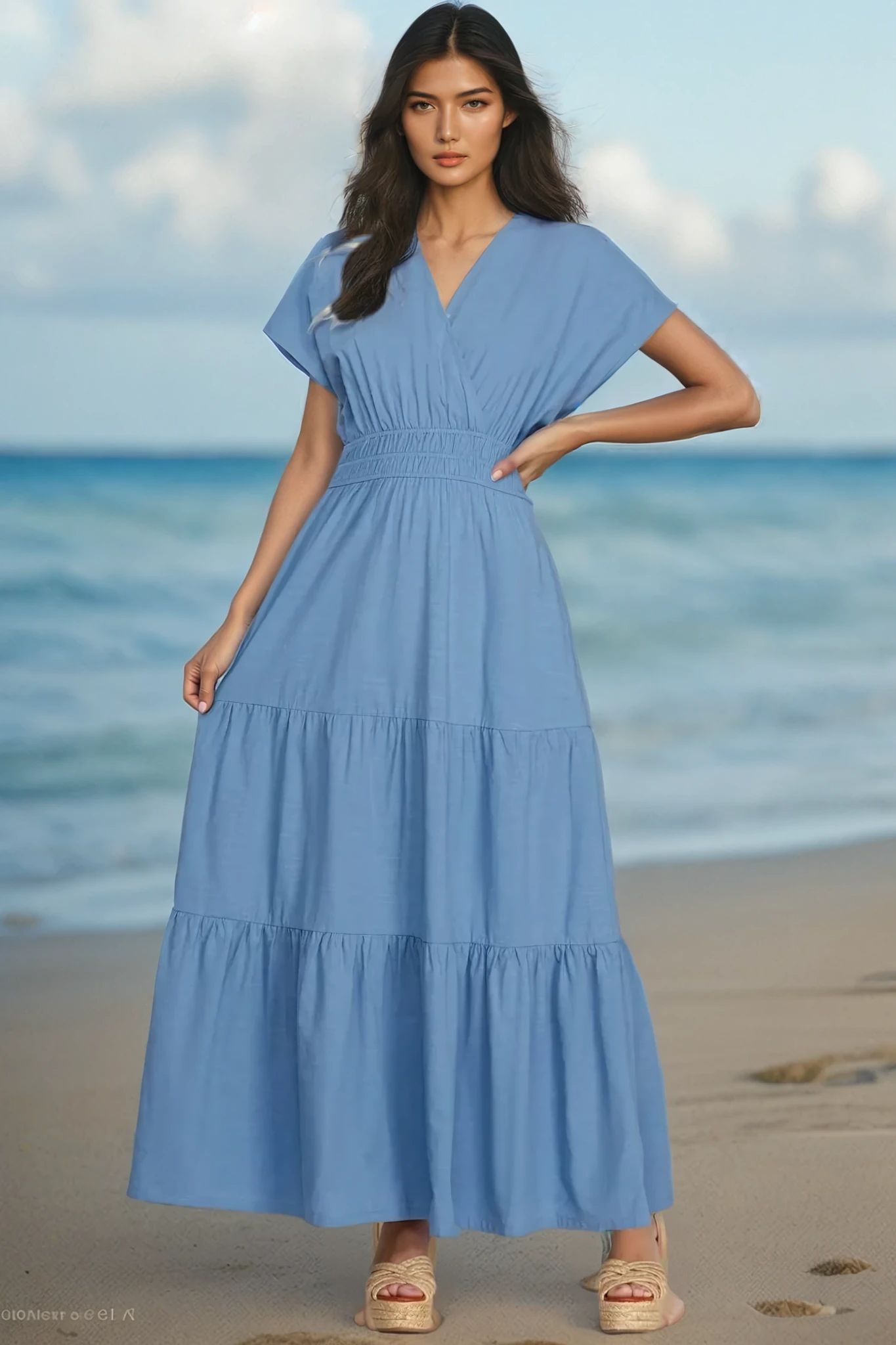 Blue Short Sleeve Beach Maxi Dress With Pockets