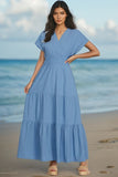 Blue Short Sleeve Beach Maxi Dress With Pockets