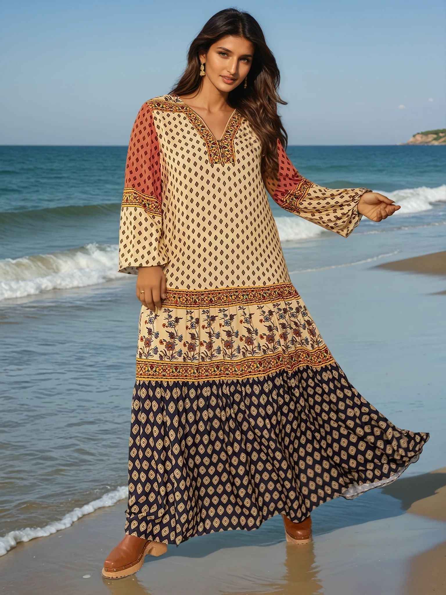 Plus Size Boho Long Sleeve Maxi Resort Dress