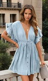 Drawstring Ruffled Half Sleeve Mini Boho Dress