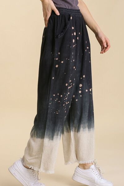 Full Size Raw Hem Linen Blend Bleach Dip Dye Boho Wide Leg Pants