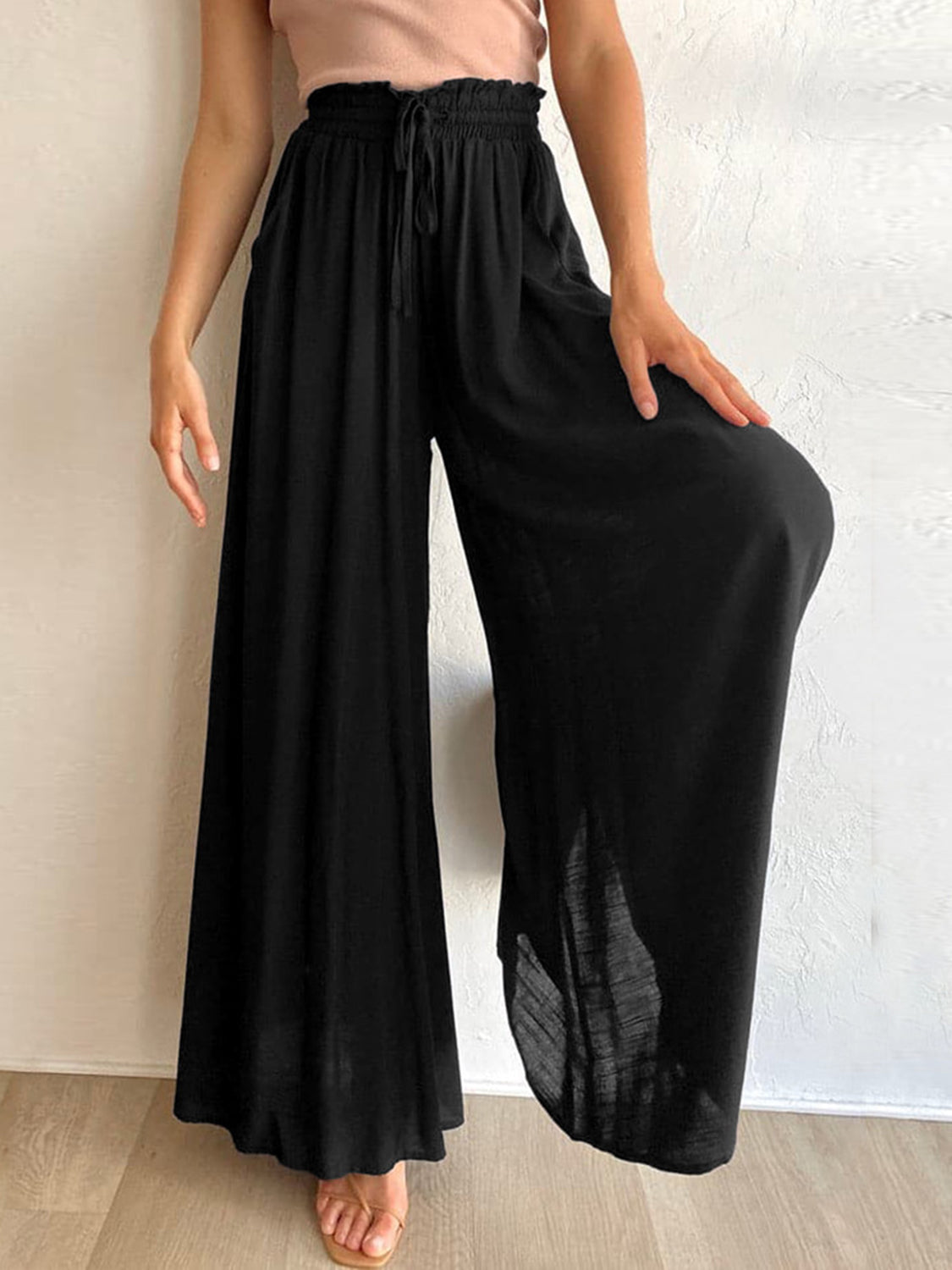 Drawstring Wide Leg Pants with Pockets