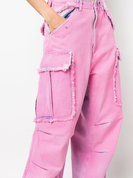 Pink Frayed Detail Cargo Jeans