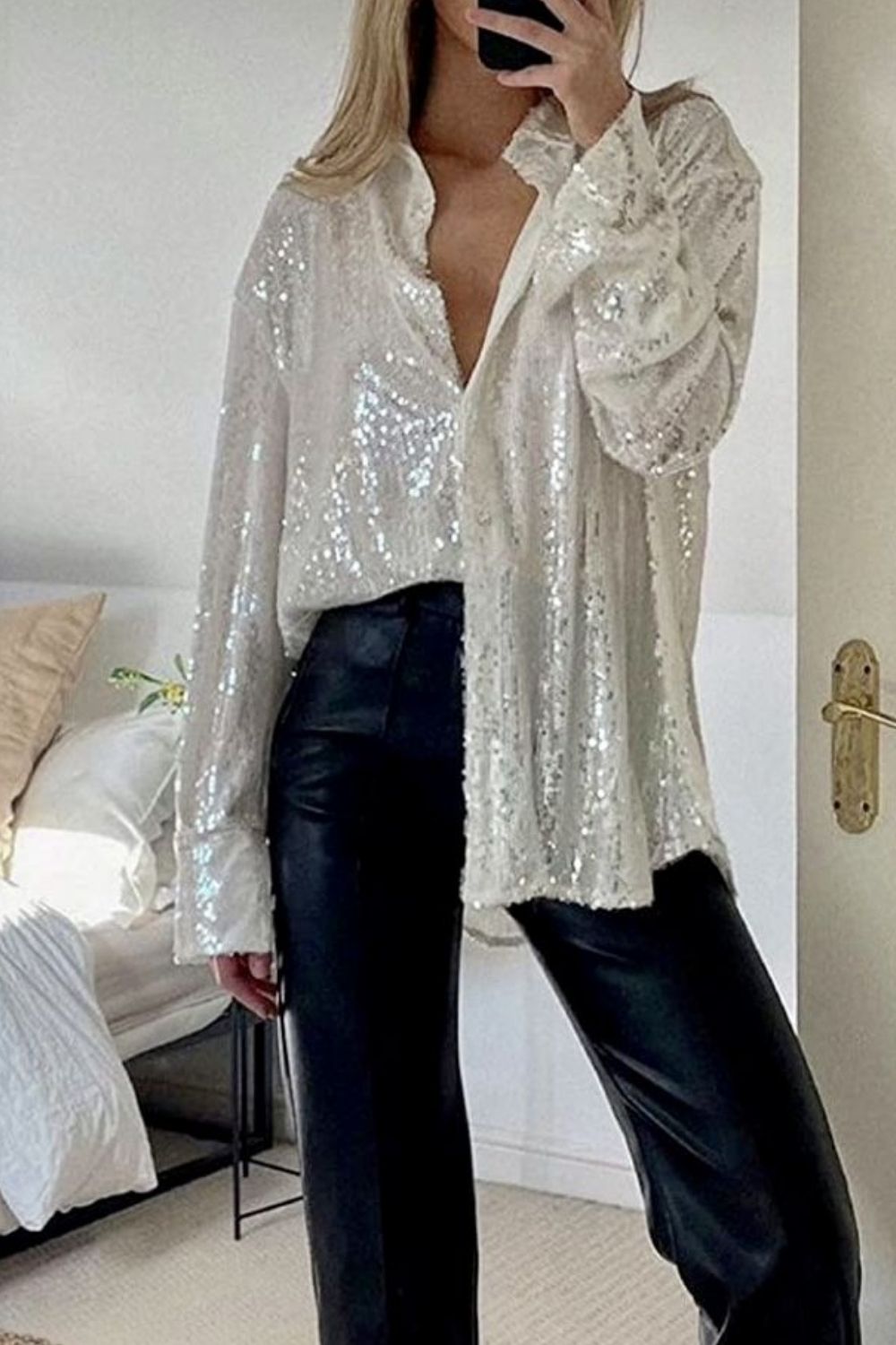 Sequin Button Up Long Sleeve Resort Shirt