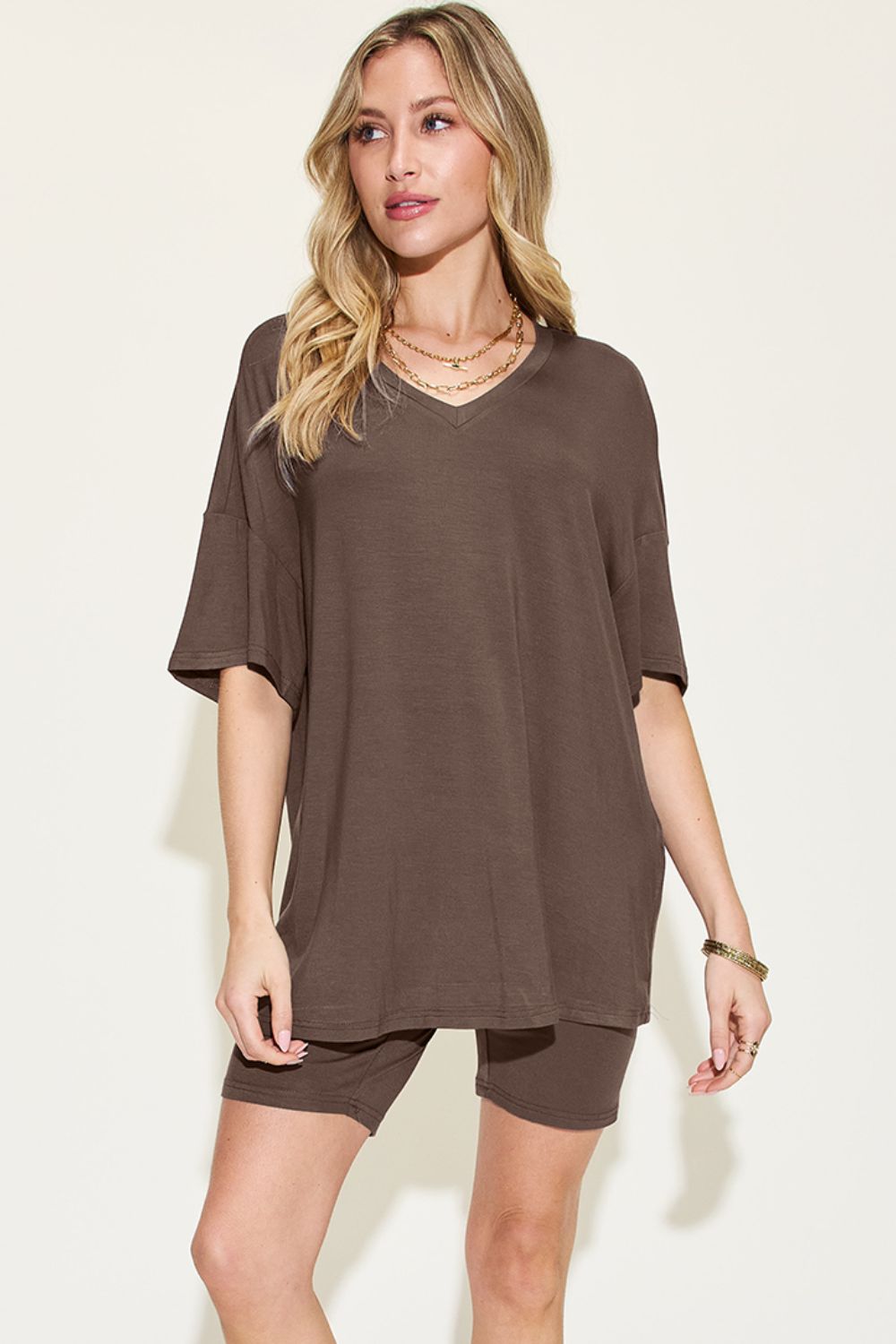 Plus Size V-Neck Drop Shoulder T-Shirt and Shorts Set