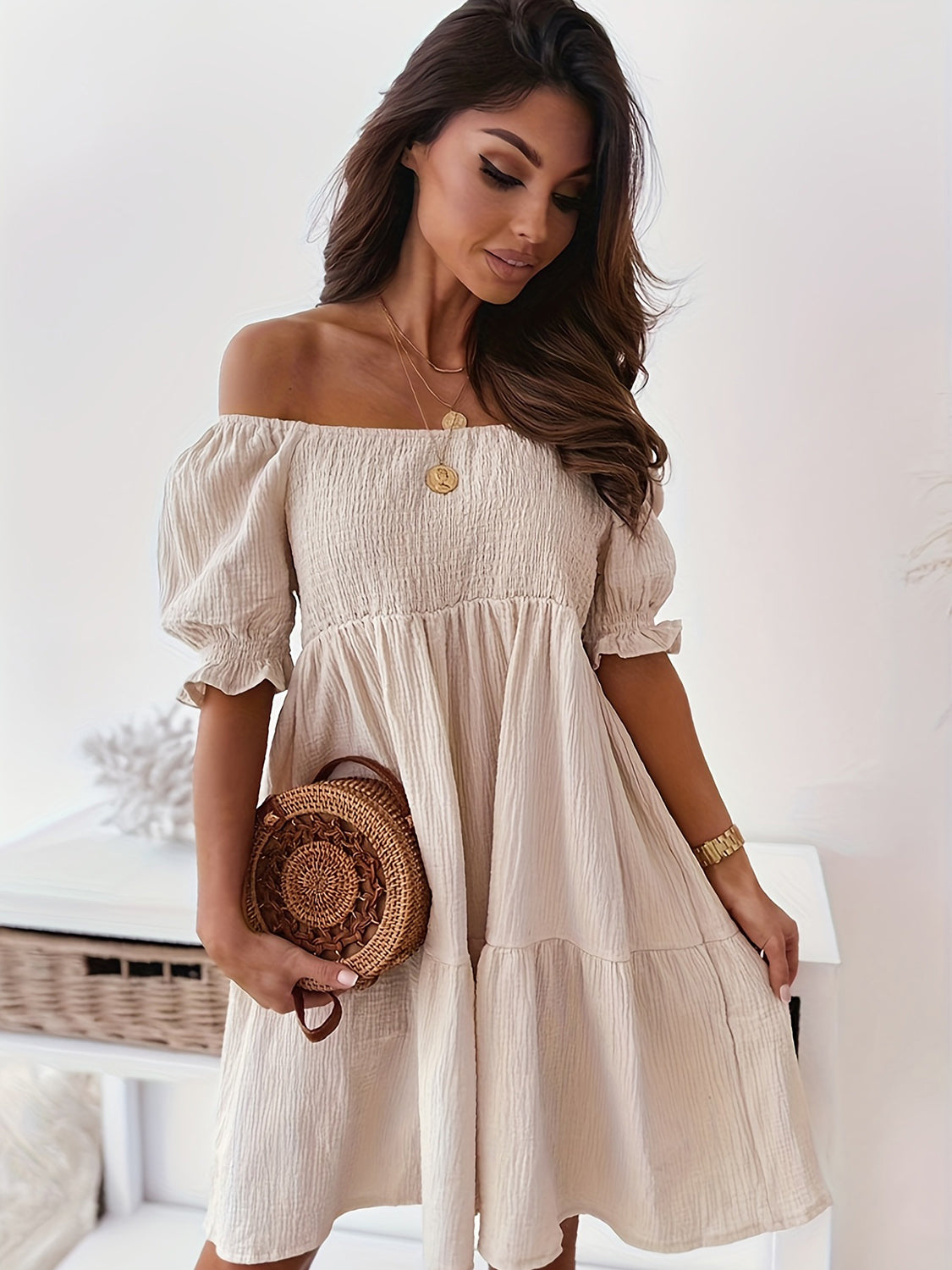 Full Size Ruffled Off-Shoulder Short Sleeve Beach Dress