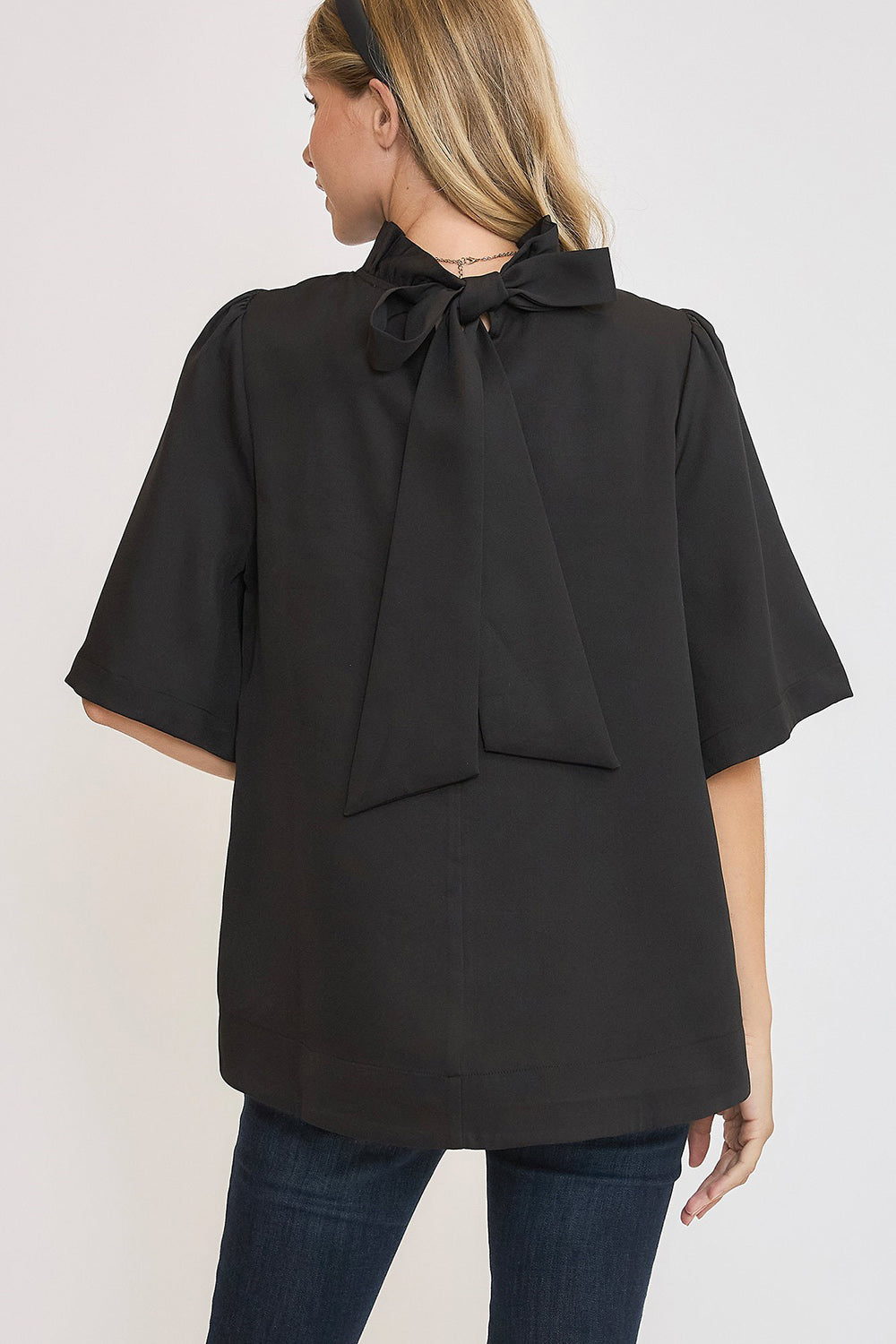 Bow Tie Back Mock Neck Half Sleeve Resort Blouse