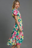 Full Size Tiered Floral Puff Sleeve Midi Dress