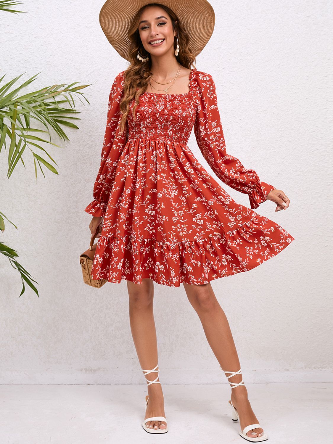 Red Balloon Sleeve Floral Summer Dress