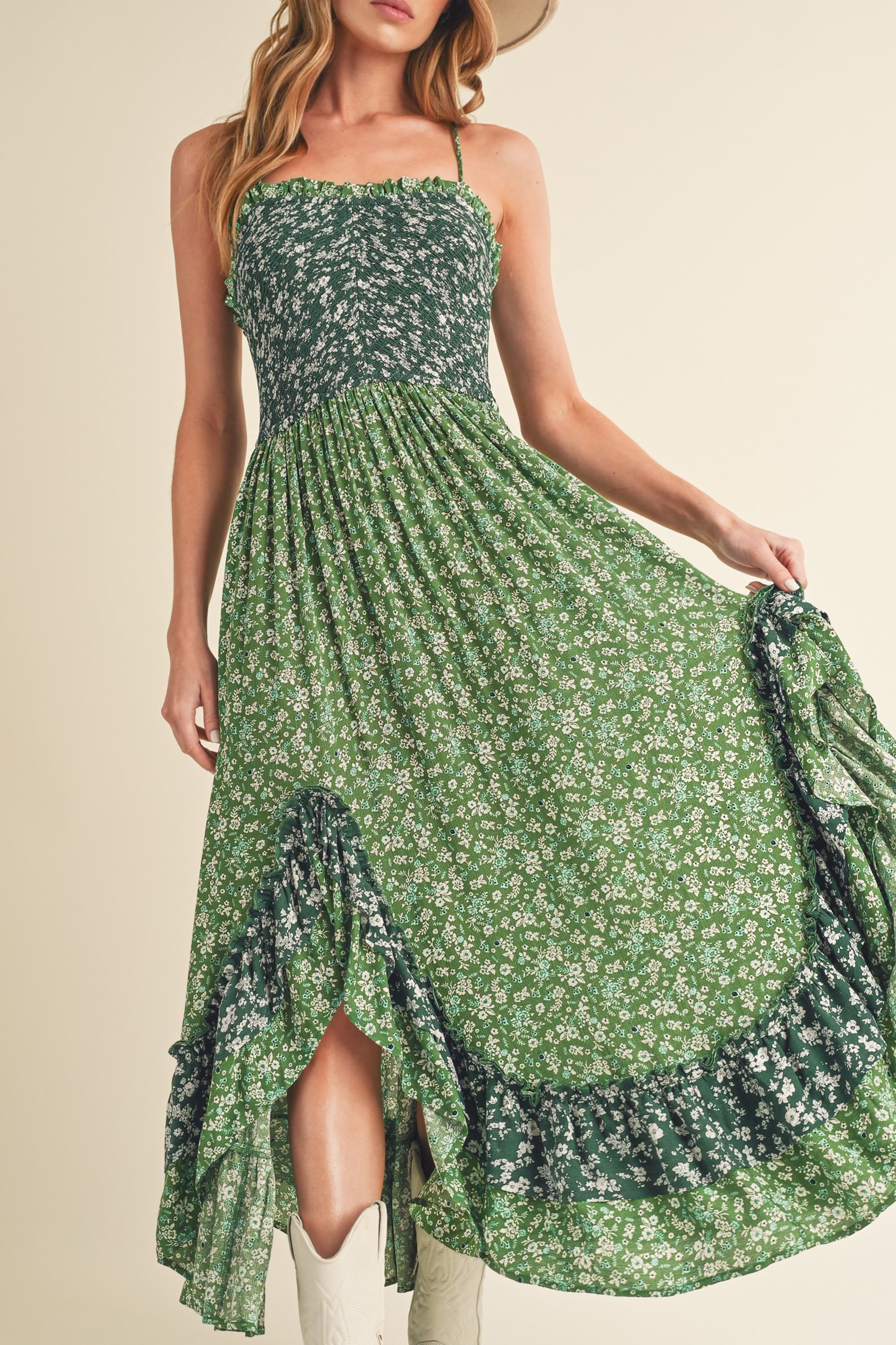 Summer Green Floral Ruffled Hem Maxi Cami Dress