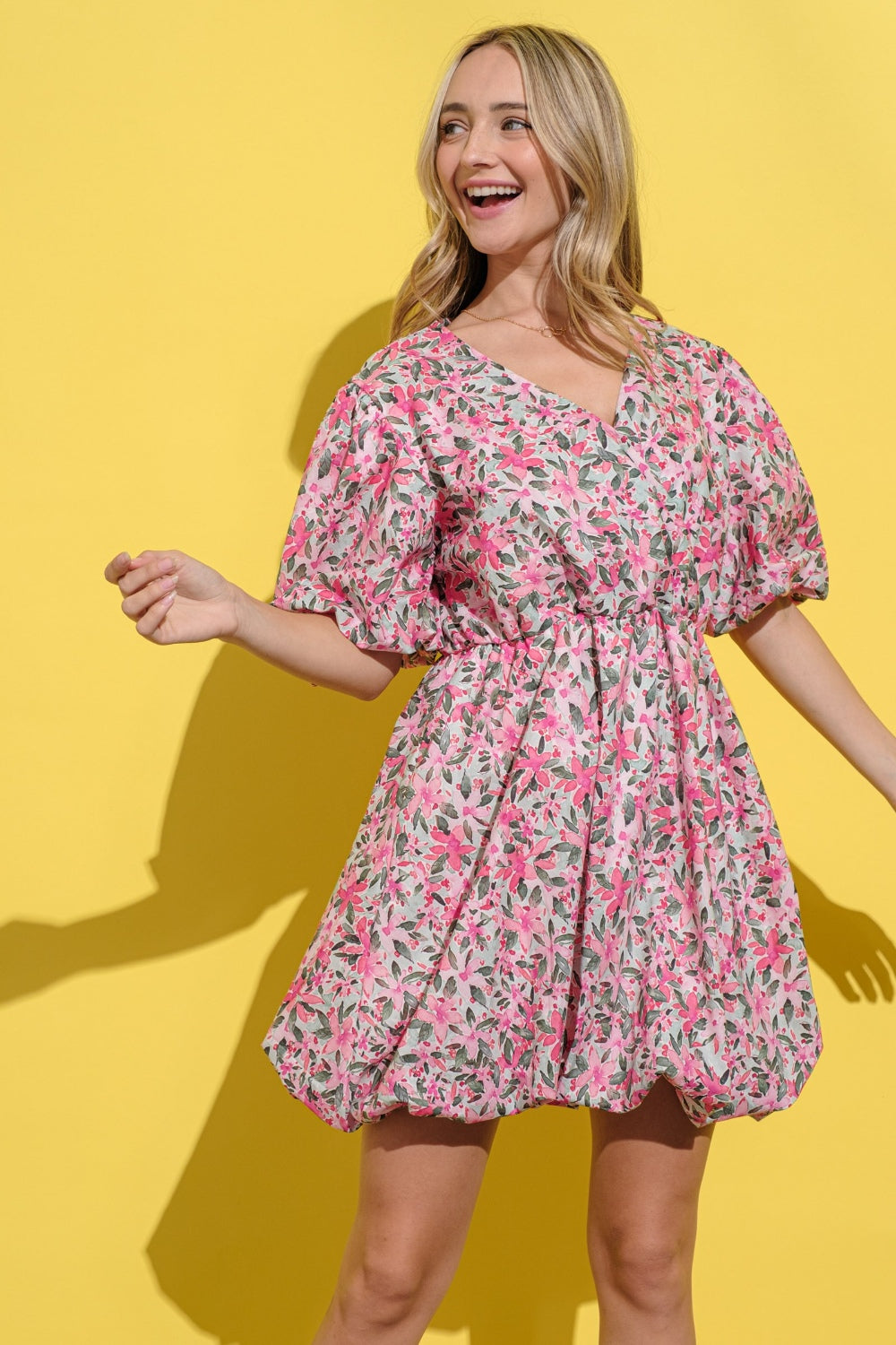 Full Size Floral Surplice Puff Sleeve Dress