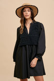 Crochet Vest Notched Long Sleeve Shirt Black Resort Dress