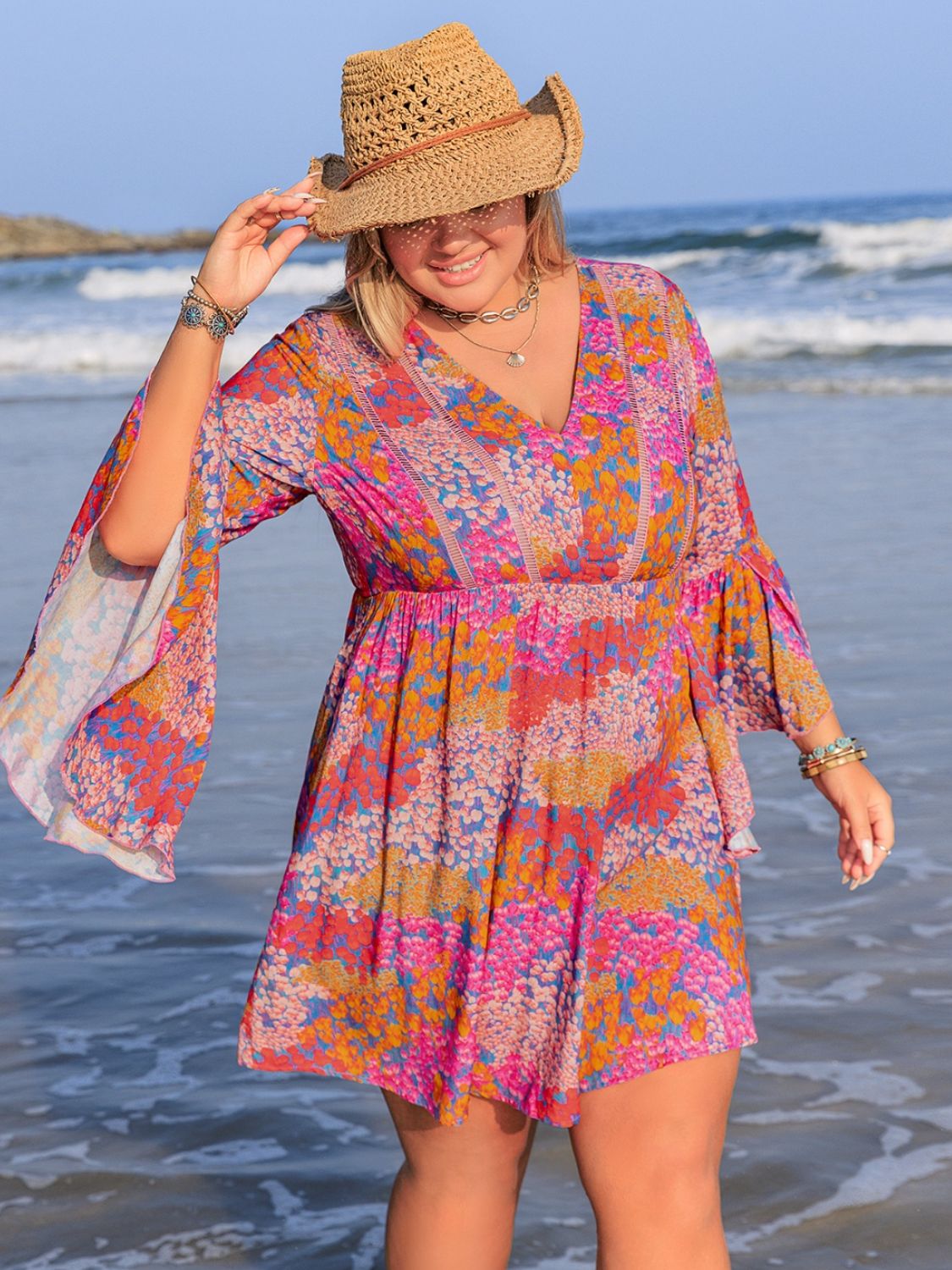 Plus Size Ruched Printed Long Sleeve Beach Dress