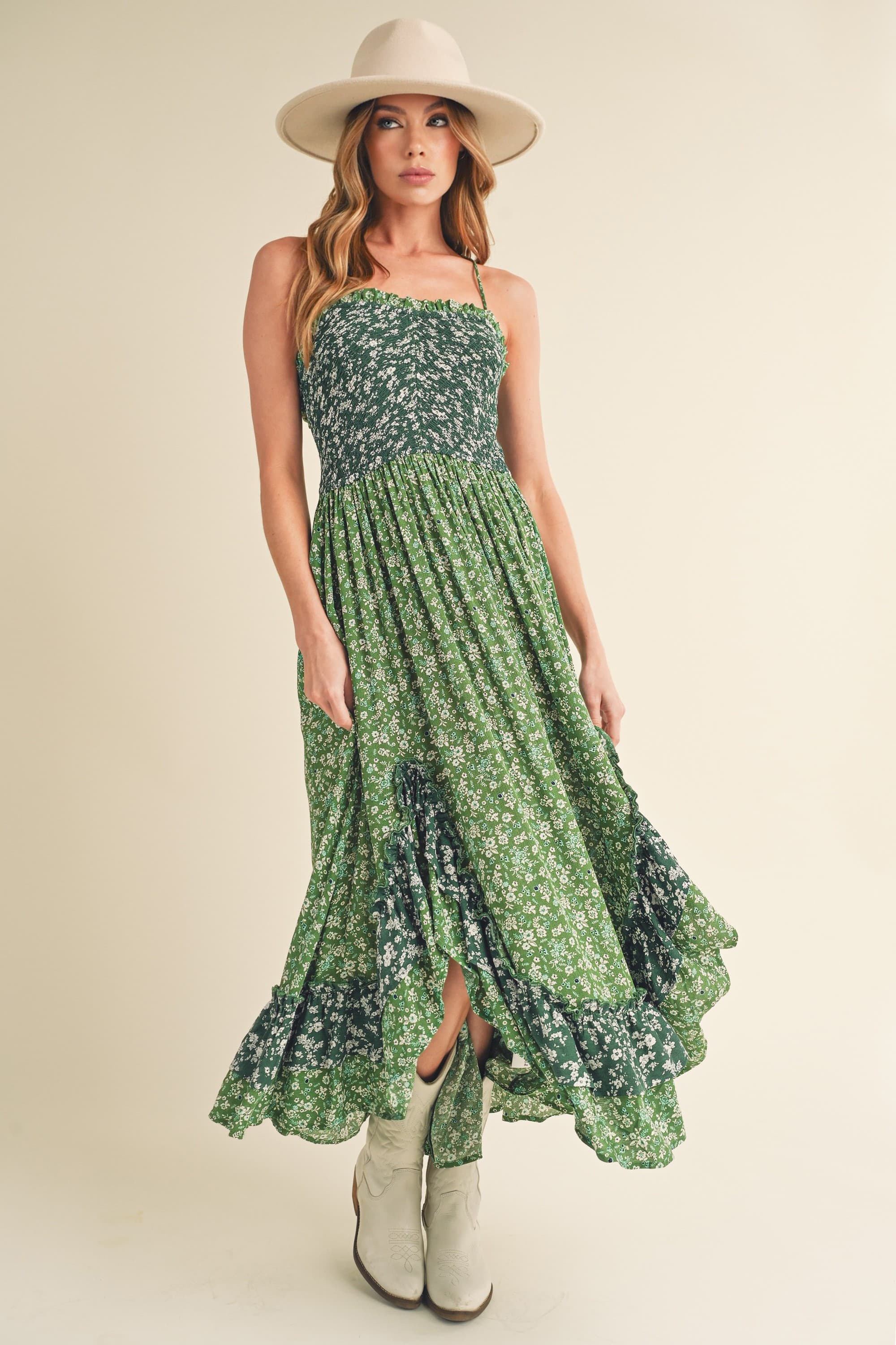 Summer Green Floral Ruffled Hem Maxi Cami Dress