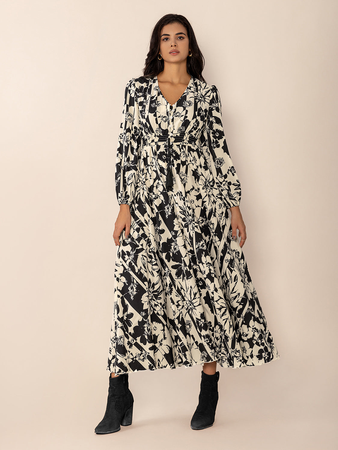 Printed V-Neck Long Sleeve Midi Dress