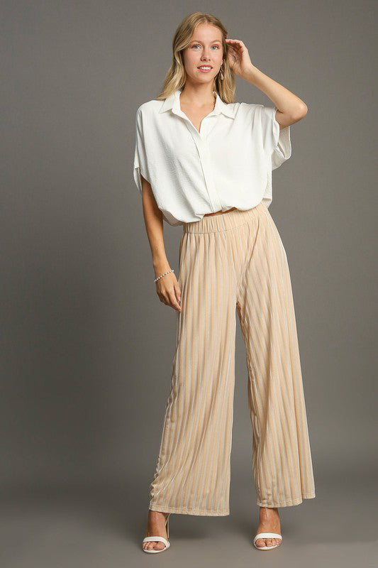 Elastic Waist Striped Wide Leg Velvet Resort Pants