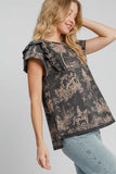 Ruffled Landscape Print Short Sleeve French Terry Top