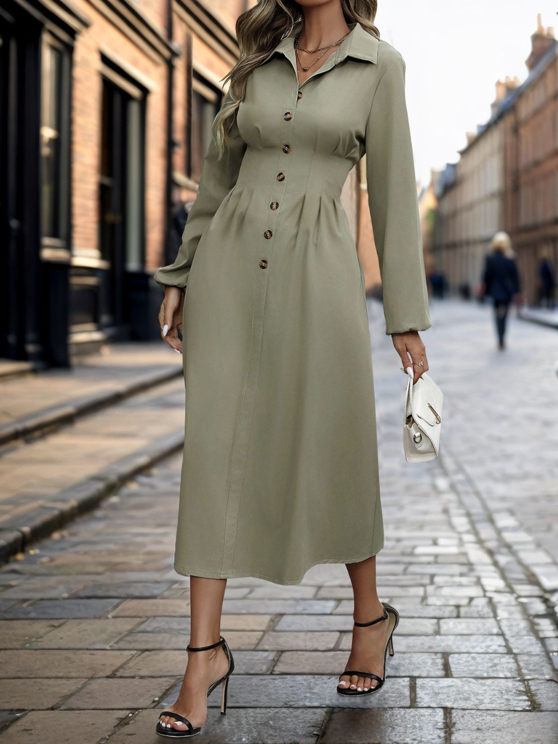 Half Button Long Sleeve Midi Dress