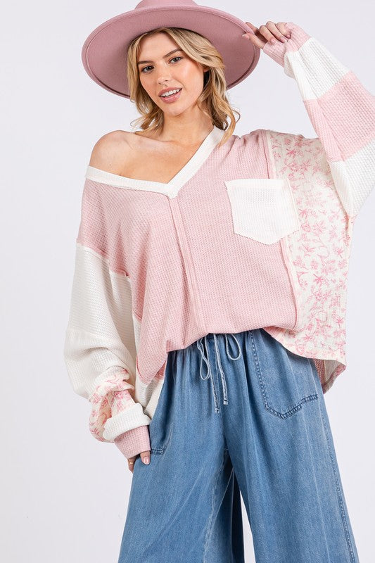 Beachy Baggy Floral Long Sleeve V-Neck Waffle Boho Knit Top