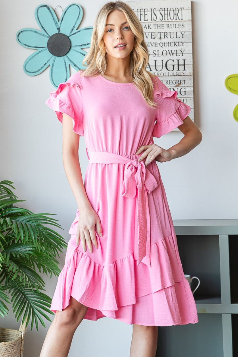 Pink Tied Waist Summer Dress