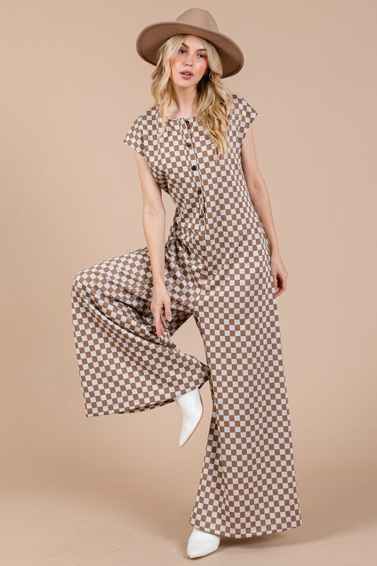 Checkered Half Button Cap Sleeve Resort Jumpsuit