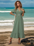 Surplice Flutter Sleeve Midi Vacation Dress