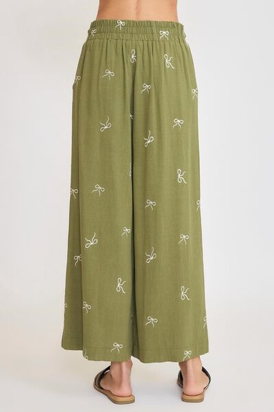 Full Size Embroidered Bow Wide Leg Boho Pants