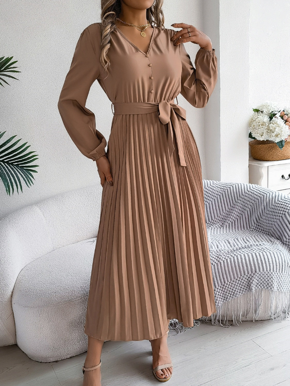 Pleated Tied V-Neck Long Sleeve Midi Dress