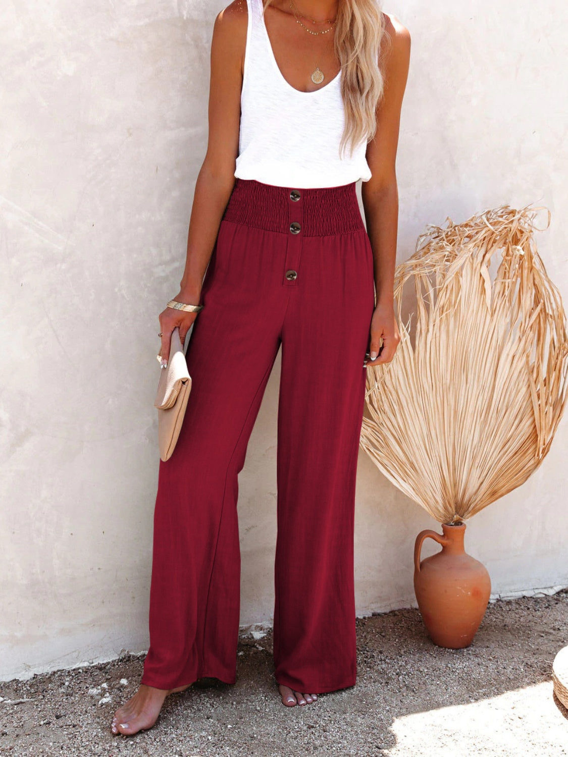 Full Size Decorative Button High Waist Resort Pants