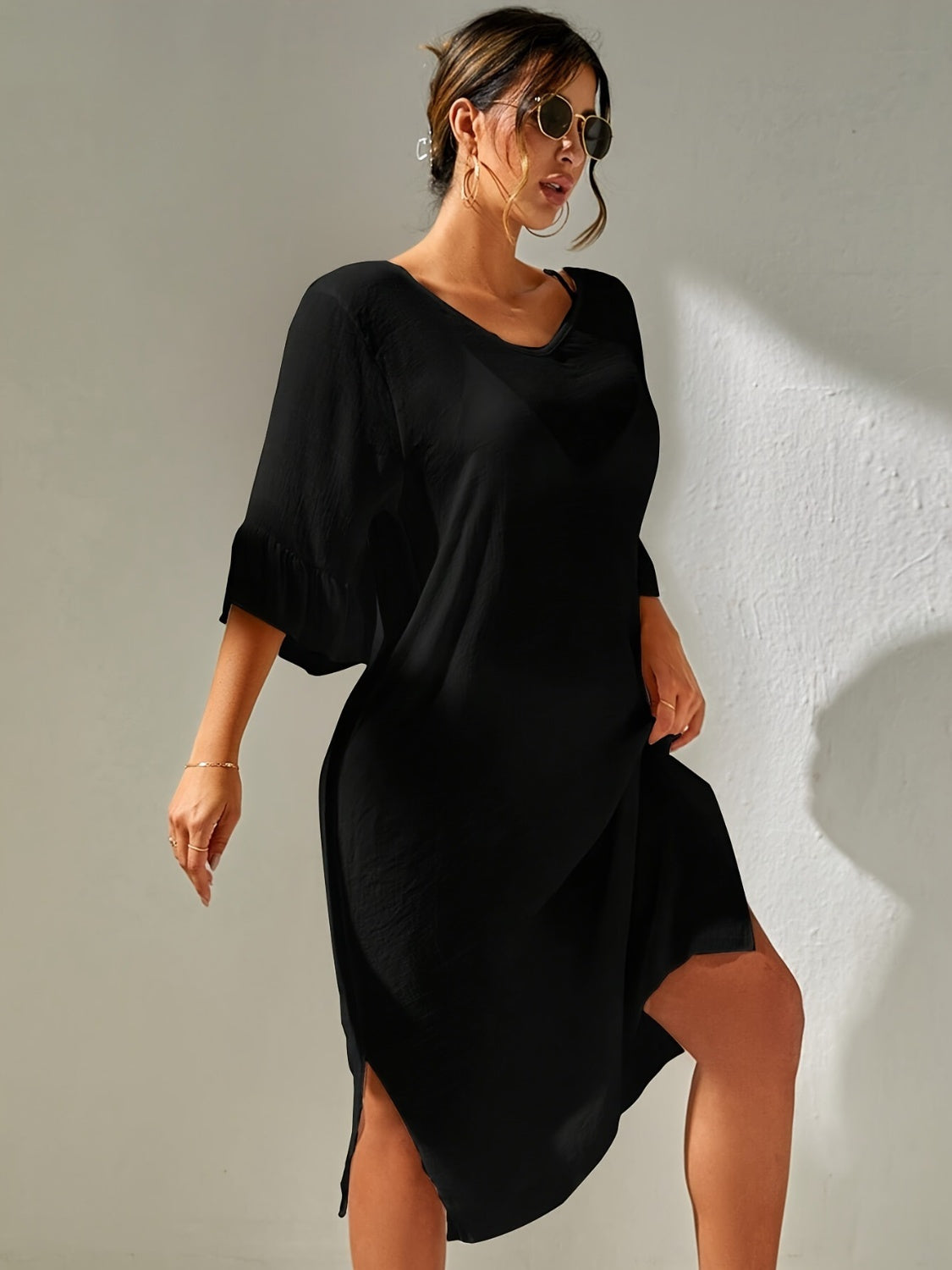 Slit V-Neck Flounce Sleeve Beach Cover-Up