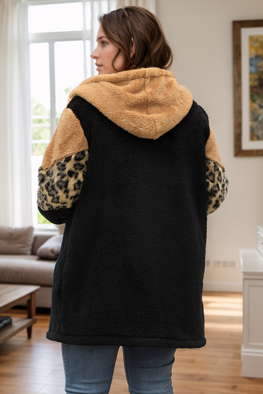 Plus Size Leopard Zip Up Hooded Jacket