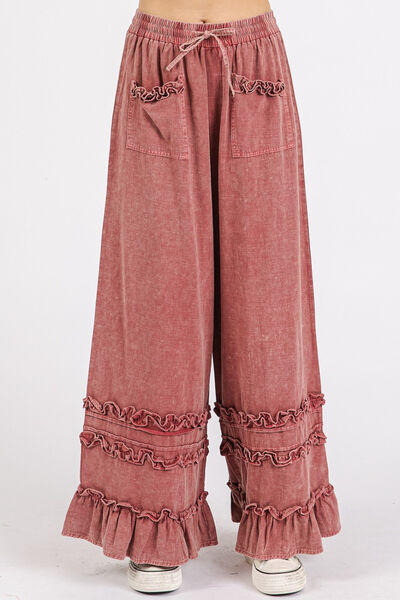 Ruffle Trim Pocket Mineral Wash Boho Beachy Wide Leg Pants