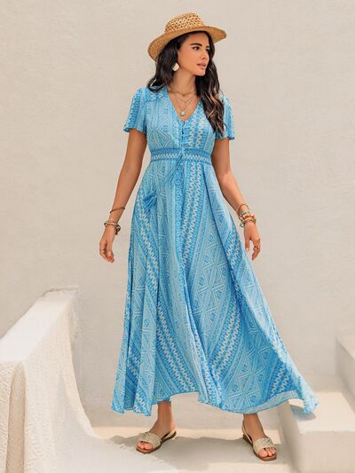 Blue Short Sleeve Summer Maxi Dress