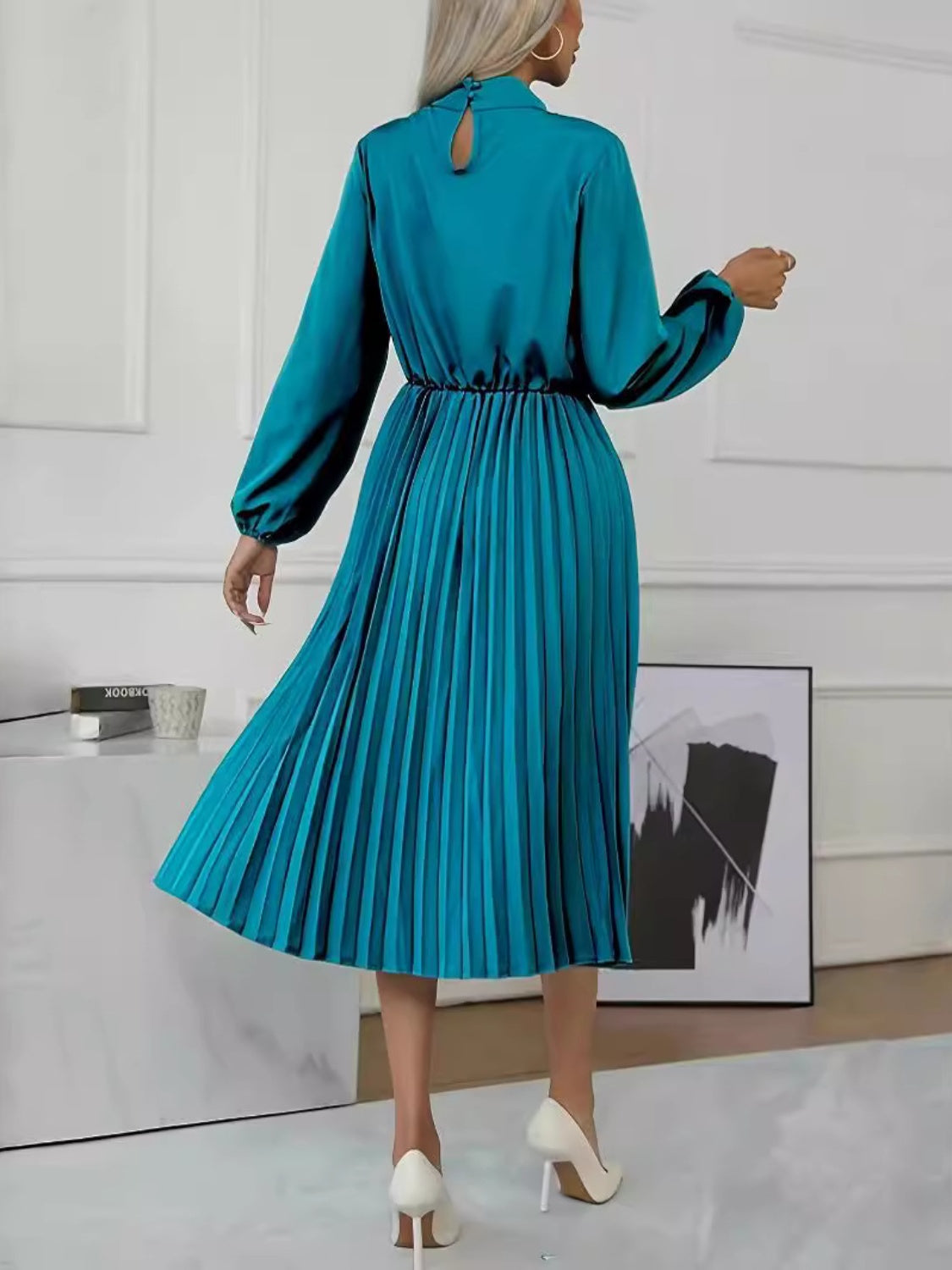 Long Sleeve Pleated Midi Work Dress