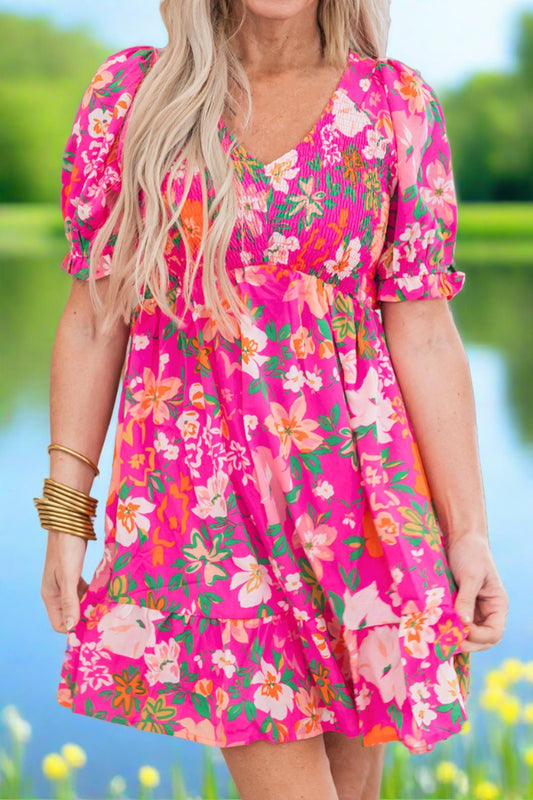 Hot Pink Floral Mini Summer Dress