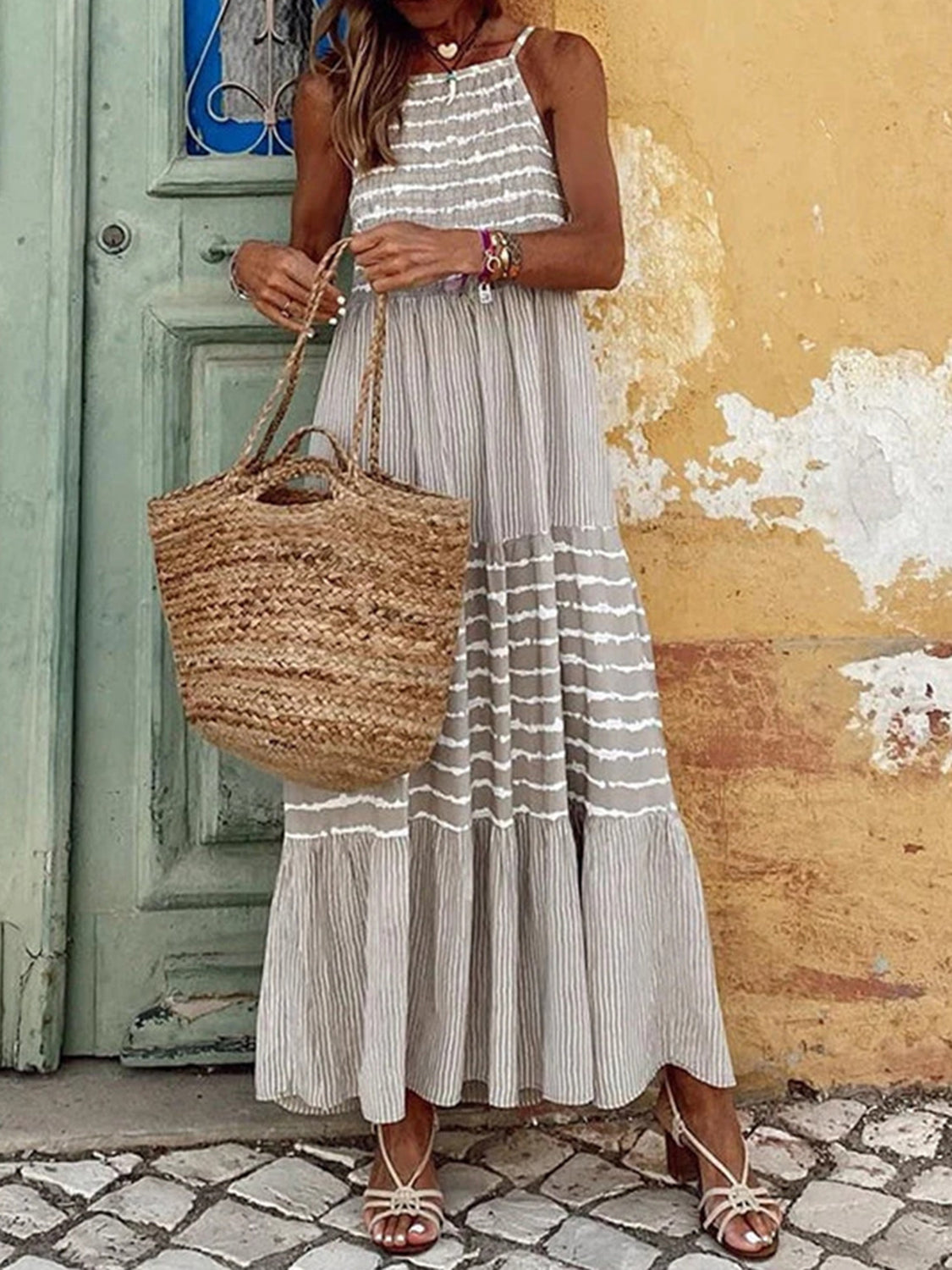 Striped Sleeveless Cami Beach Maxi Dress