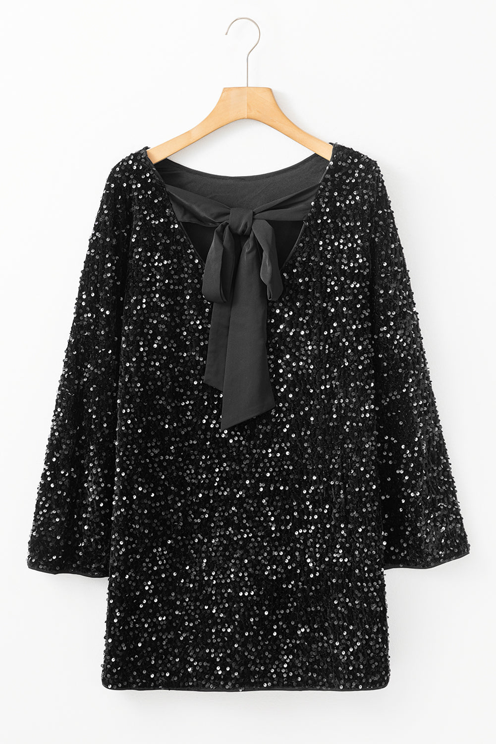 Sequin Bow Back Long Sleeve Mini Black Cocktail Dress