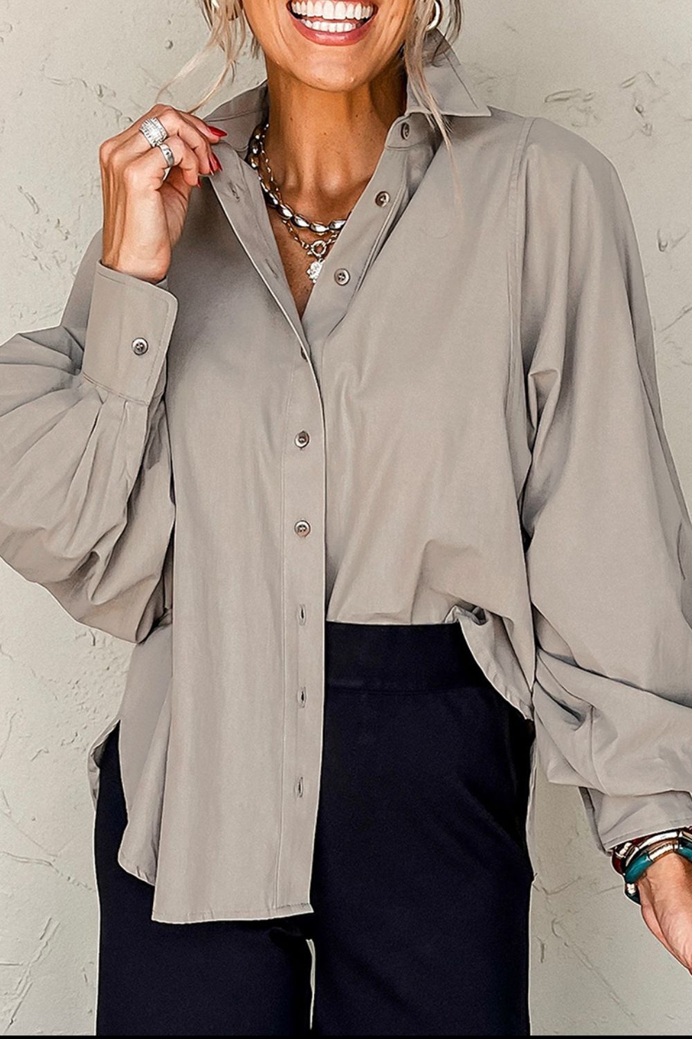 Button Down Collared Neck Long Sleeve Resort Blouse