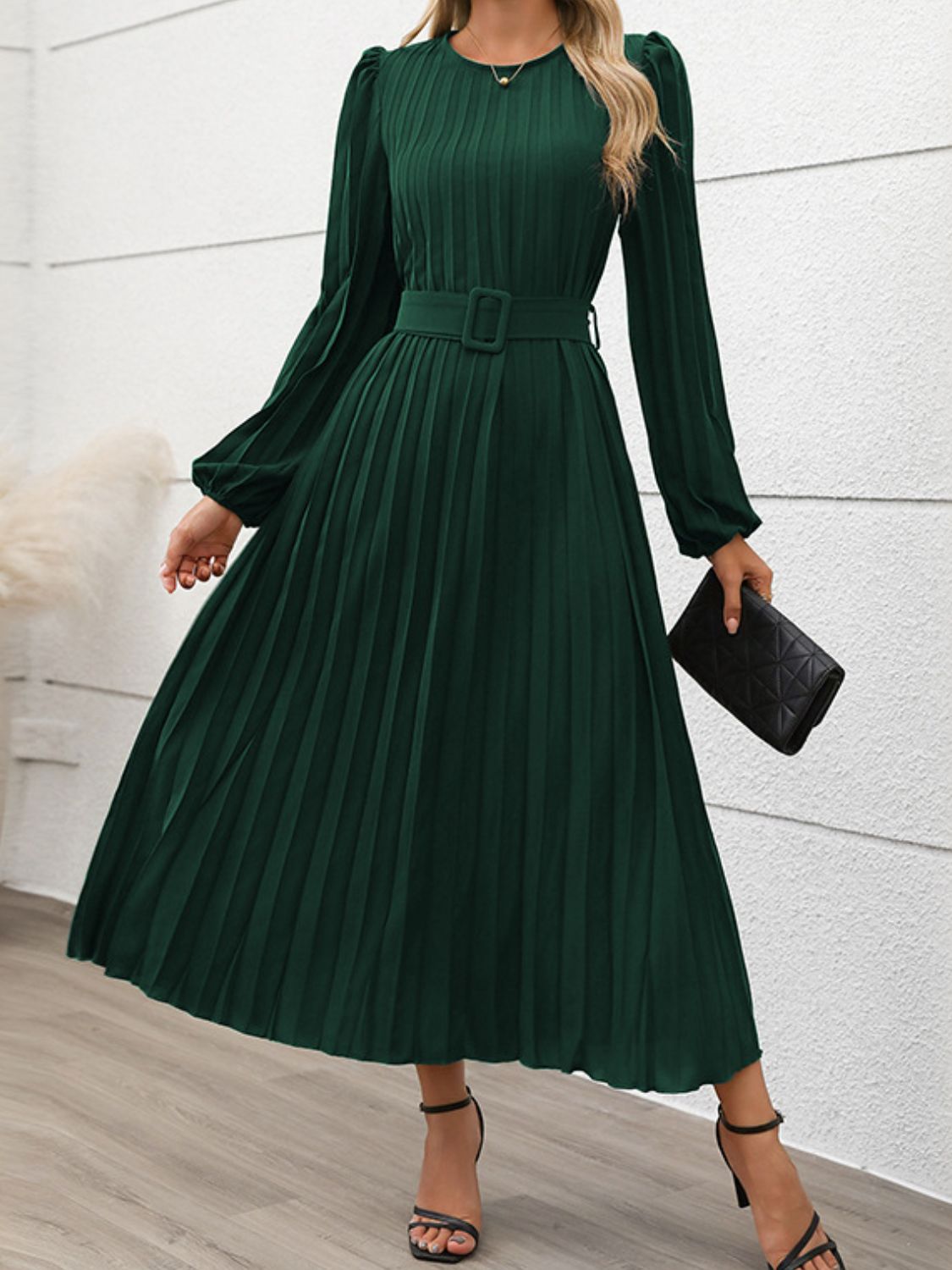 Pleated Round Neck Long Sleeve Midi Dress