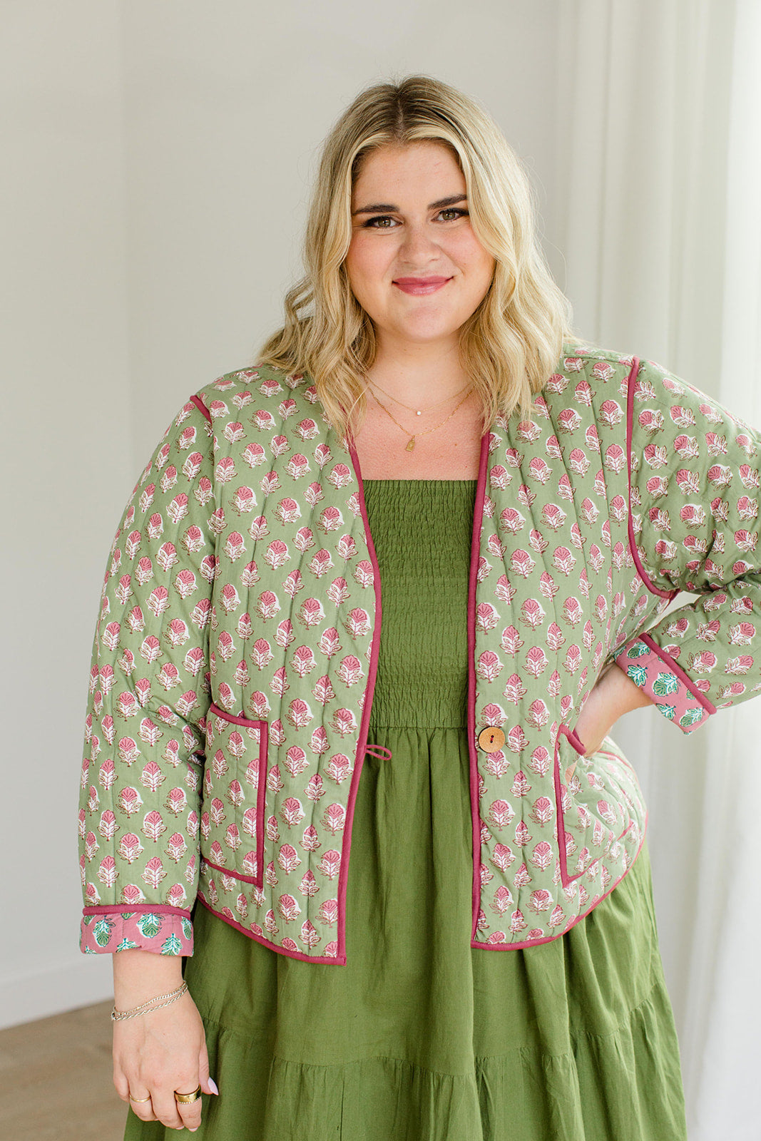 The Emily Plus Size *Reversible* Quilted Jacket in Pistachio Pink