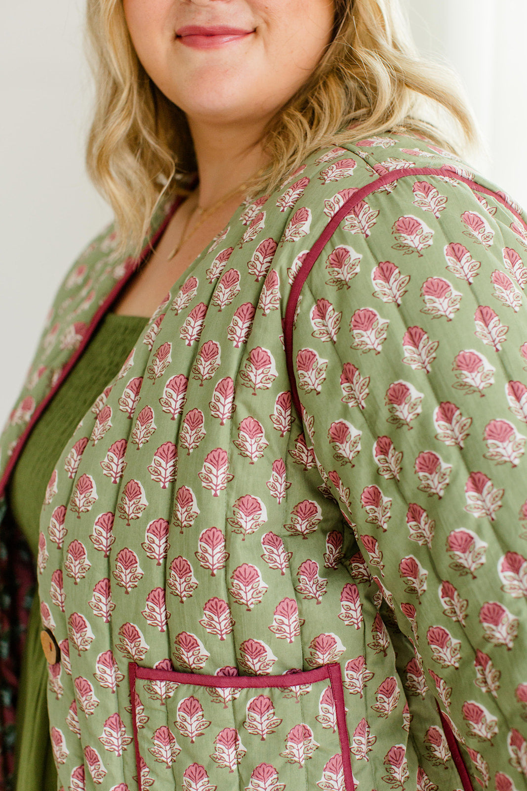 The Emily Plus Size *Reversible* Quilted Jacket in Pistachio Pink
