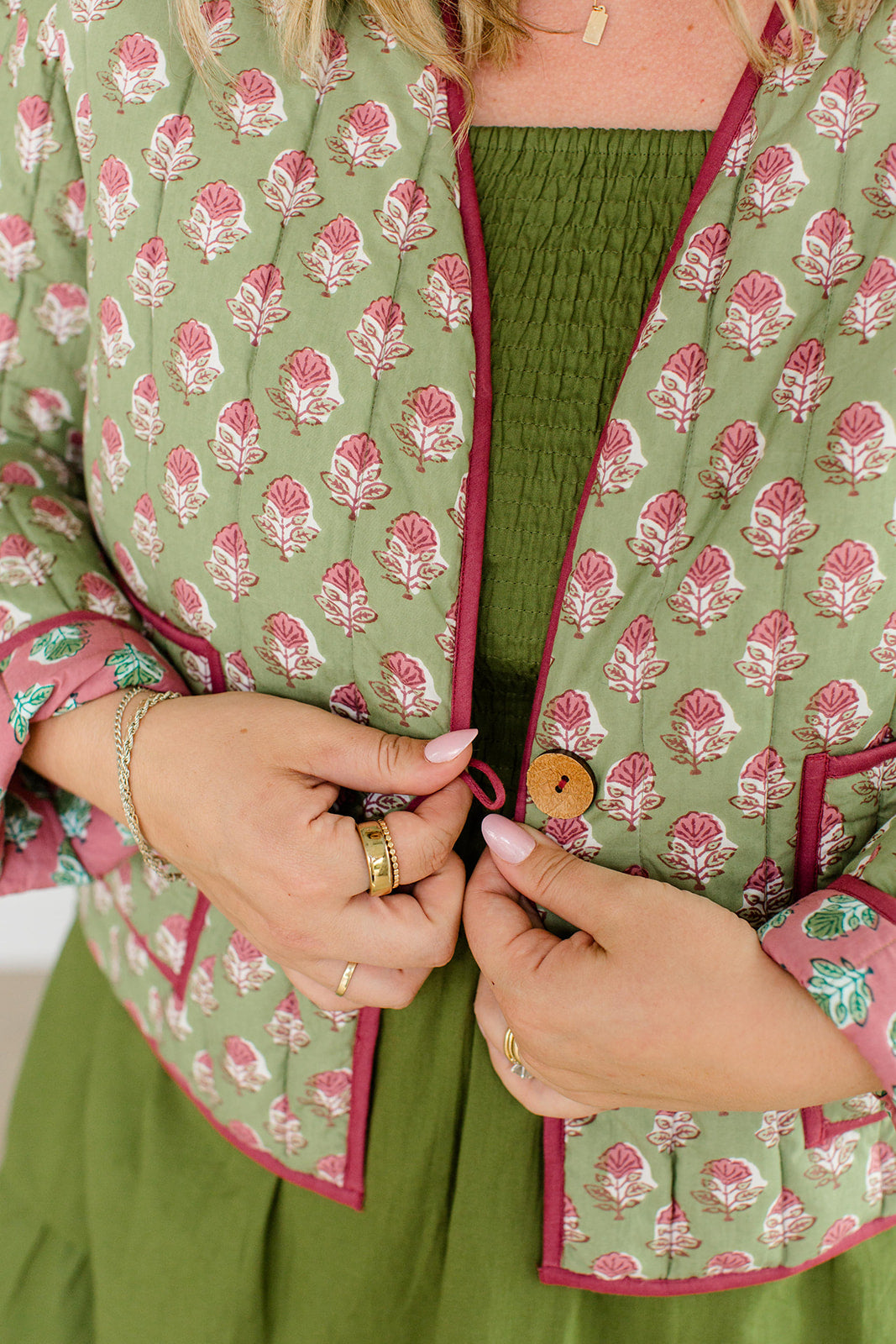 The Emily Plus Size *Reversible* Quilted Jacket in Pistachio Pink