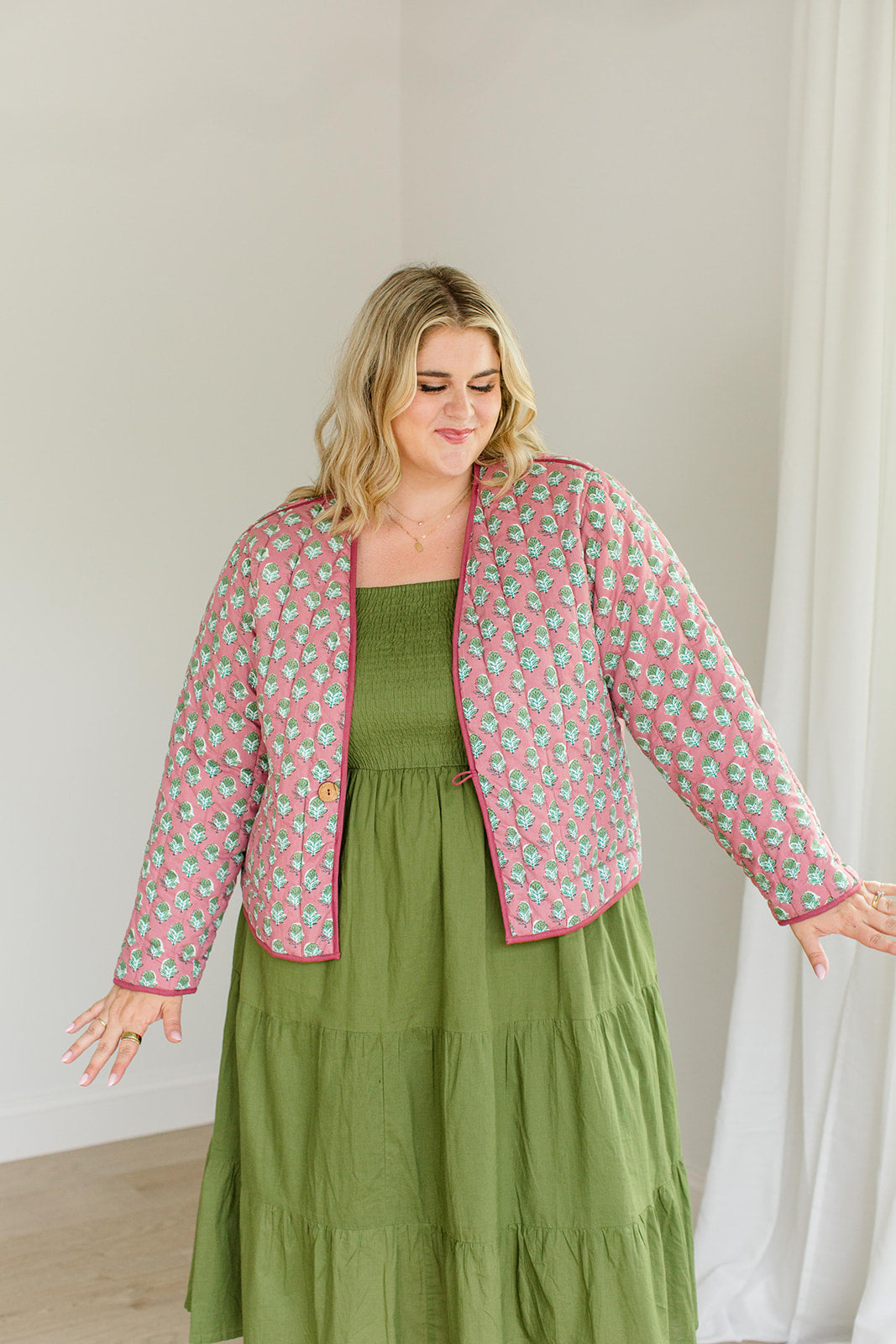 The Emily Plus Size *Reversible* Quilted Jacket in Pistachio Pink