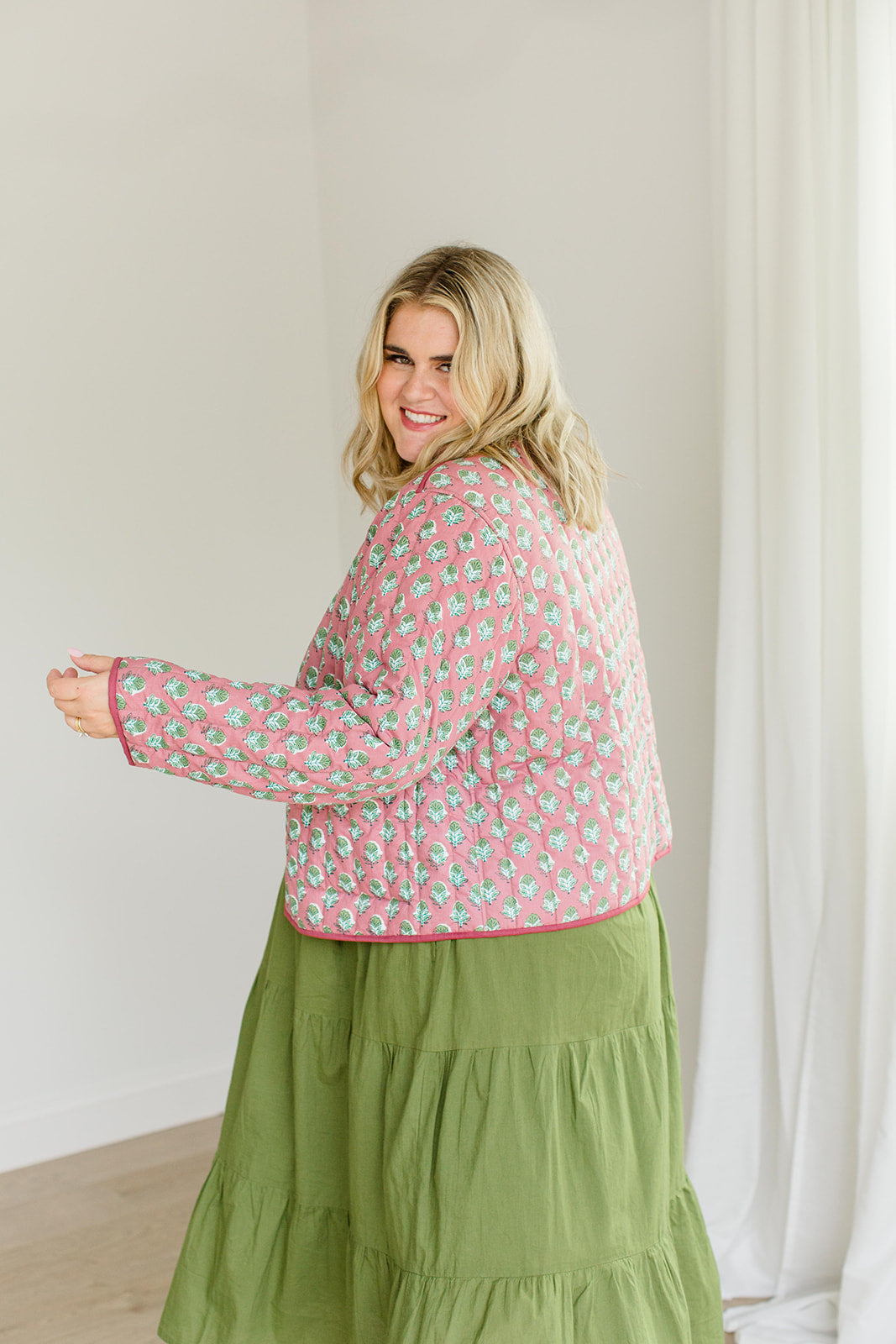 The Emily Plus Size *Reversible* Quilted Jacket in Pistachio Pink