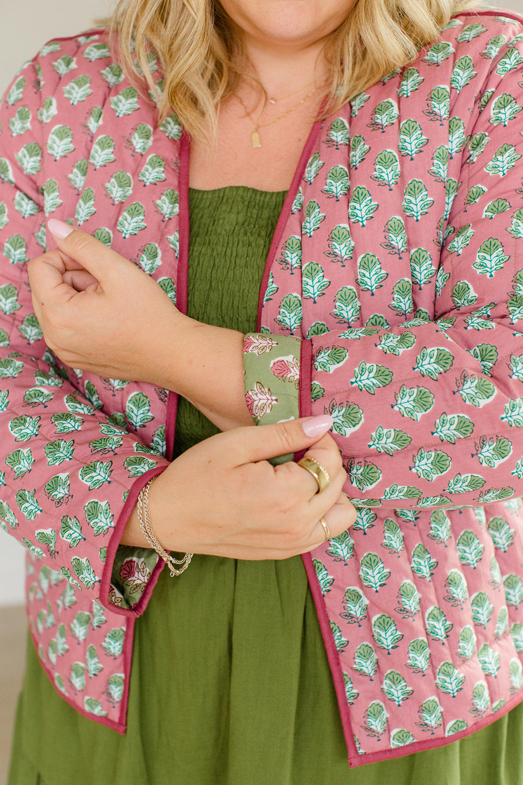 The Emily Plus Size *Reversible* Quilted Jacket in Pistachio Pink