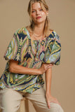 Full Size Abstract Puff Sleeve Resort Blouse